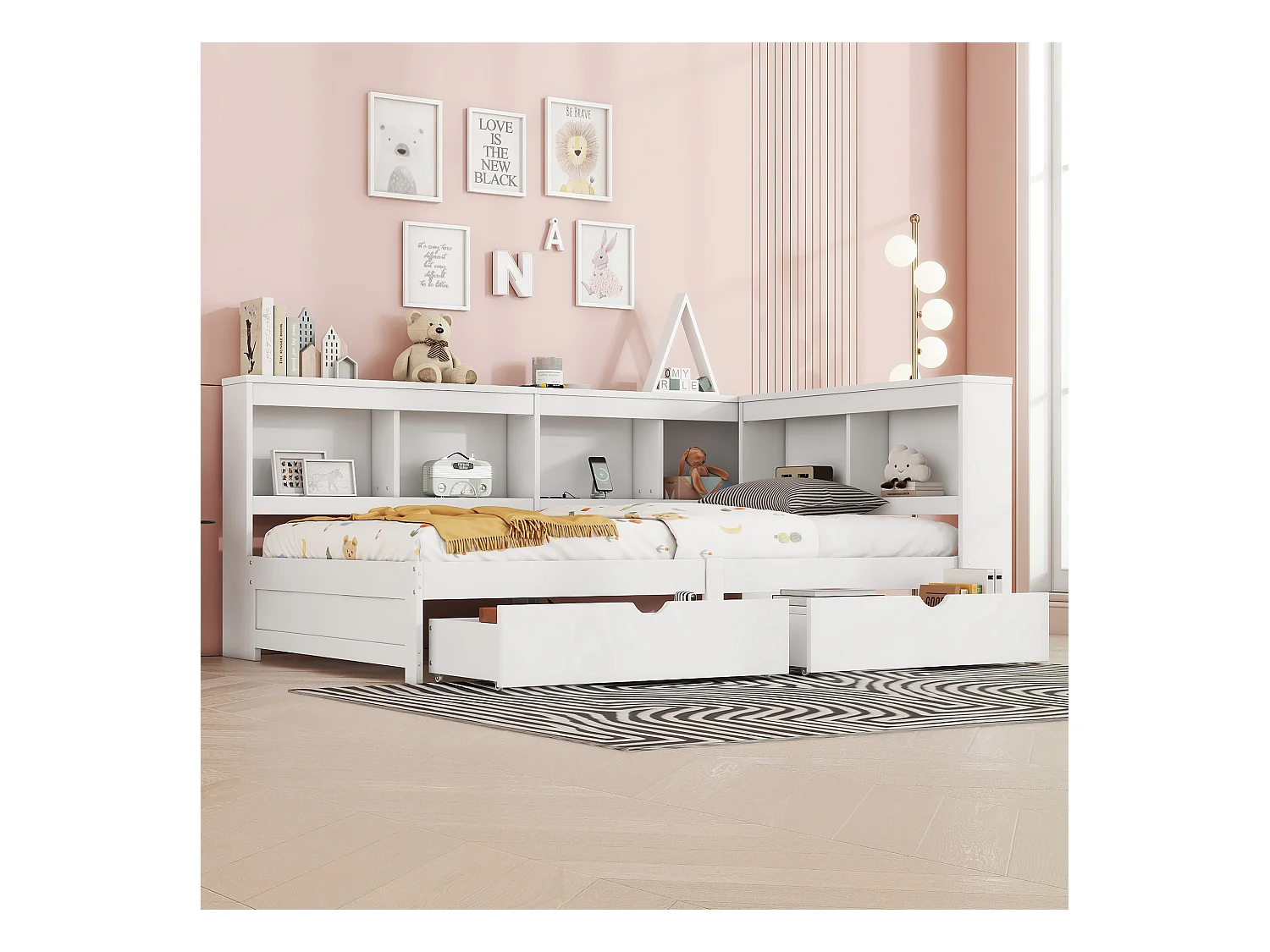 Canapé-lit 90x200 cm en panneaux de particules, avec 2 tiroirs, prise et ports USB, sommier inclus, blanc