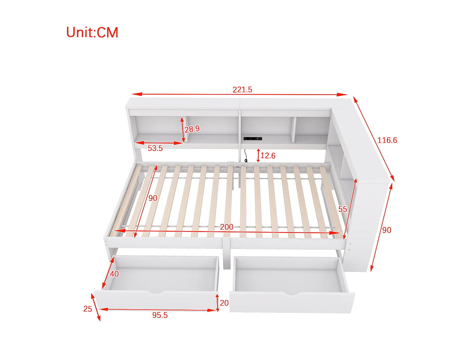 Canapé-lit 90x200 cm en panneaux de particules, avec 2 tiroirs, prise et ports USB, sommier inclus, blanc