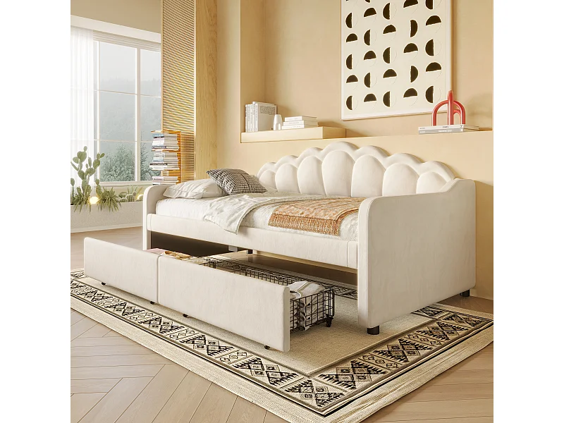 Canapé-lit 90x200 cm en velours, avec tiroirs et bande LED changeante, structure simple et élégante, beige