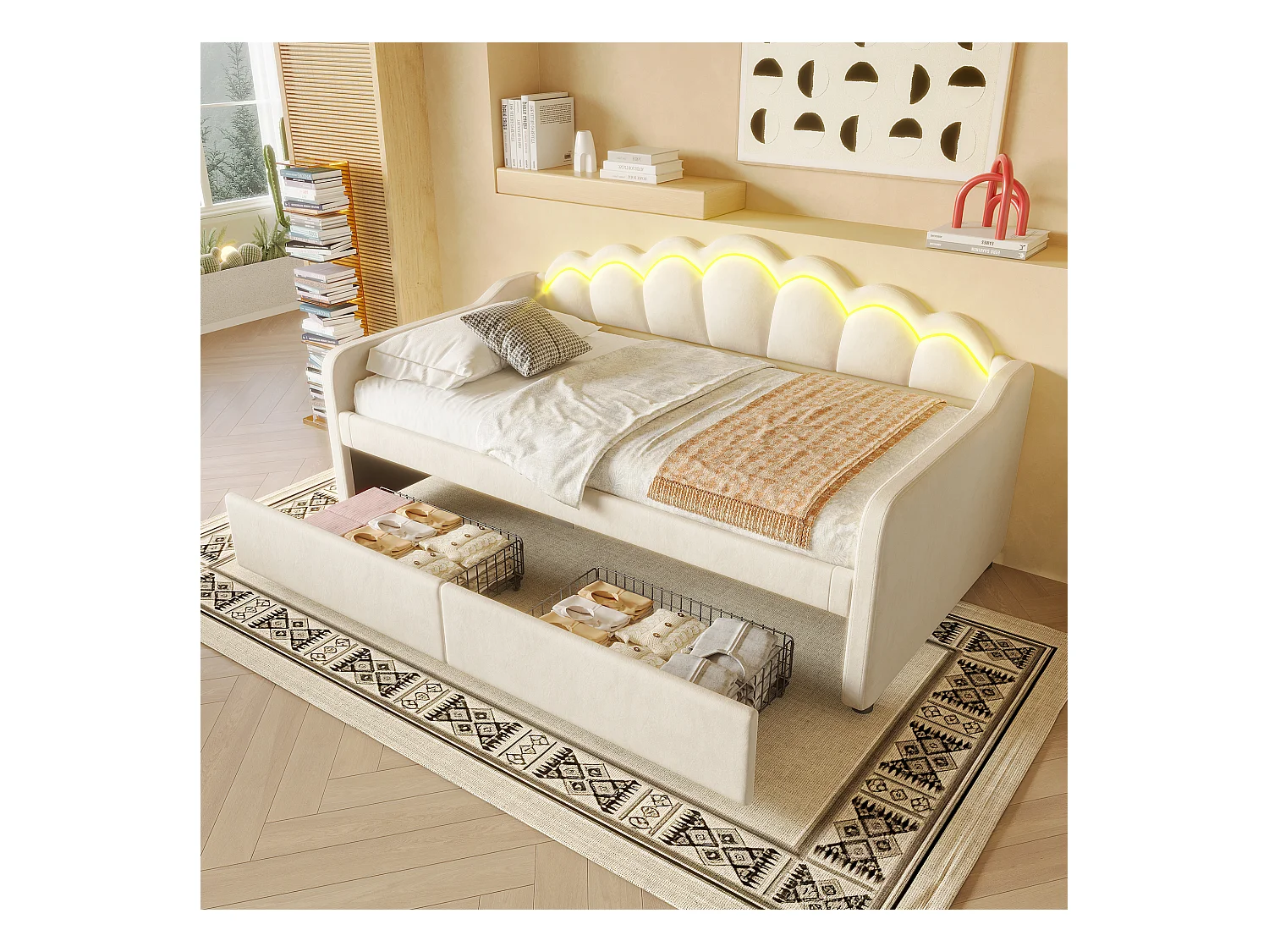 Canapé-lit 90x200 cm en velours, avec tiroirs et bande LED changeante, structure simple et élégante, beige