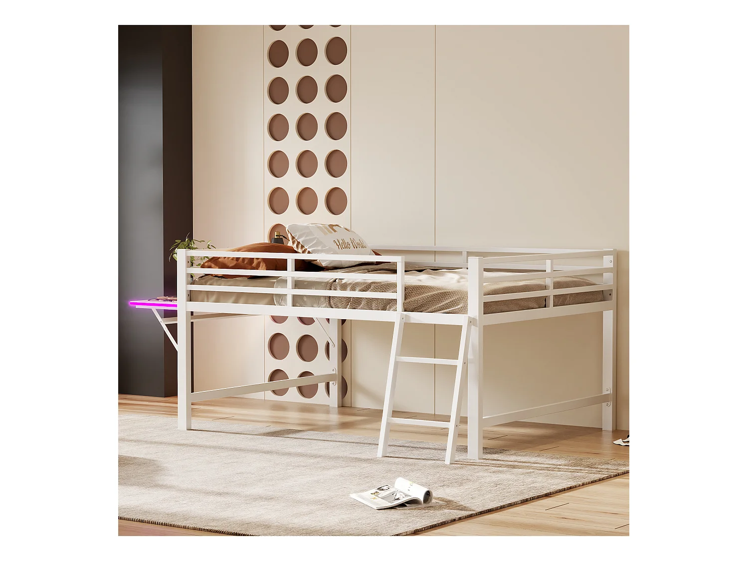 Lit mezzanine en métal 140x200 cm, avec barrière, échelle, bureau et bande LED télécommandée, blanc