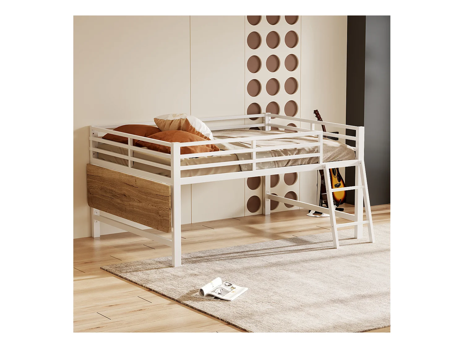 Lit mezzanine en métal 140x200 cm, avec barrière, échelle, bureau et bande LED télécommandée, blanc