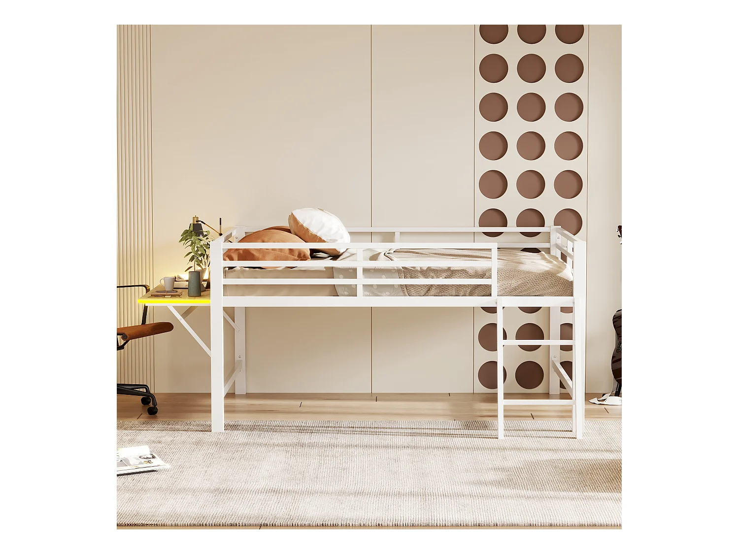 Lit mezzanine en métal 140x200 cm, avec barrière, échelle, bureau et bande LED télécommandée, blanc