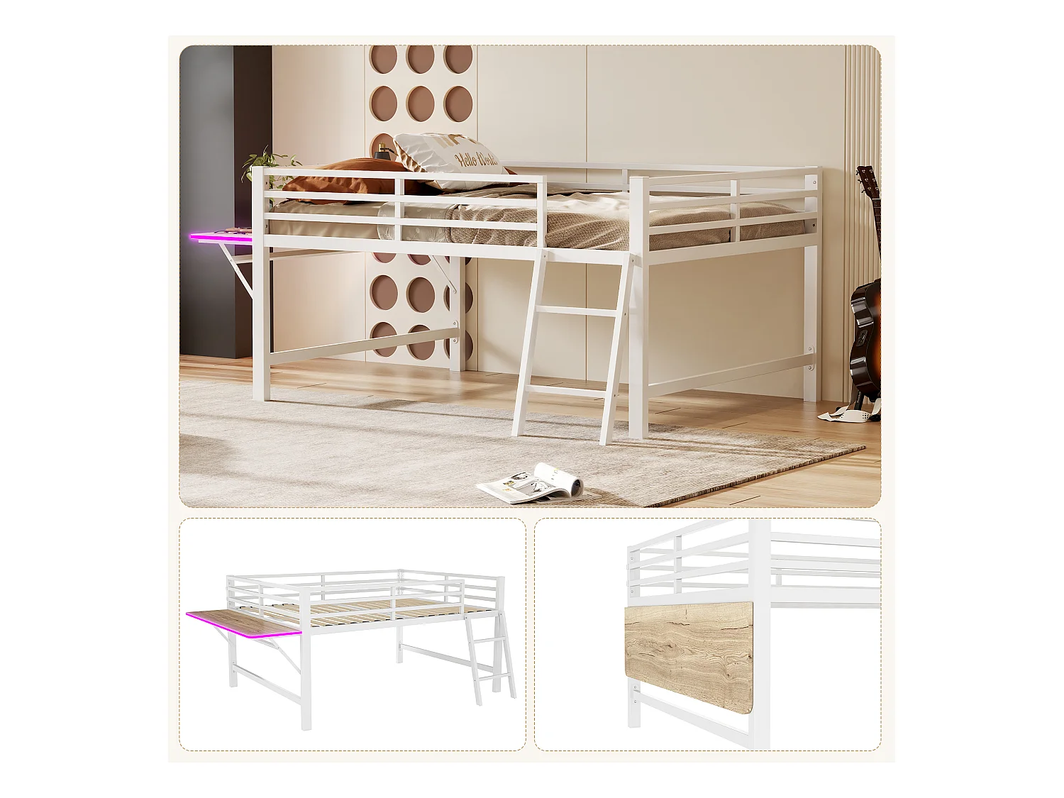 Lit mezzanine en métal 140x200 cm, avec barrière, échelle, bureau et bande LED télécommandée, blanc