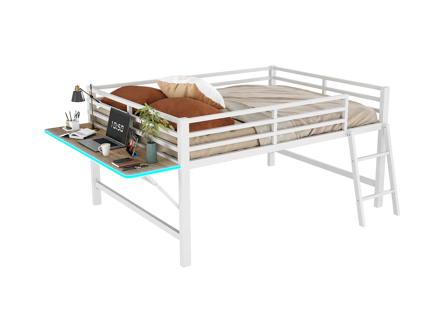 Lit mezzanine en métal 140x200 cm, avec barrière, échelle, bureau et bande LED télécommandée, blanc