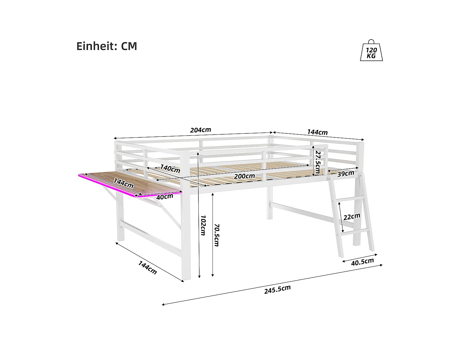 Lit mezzanine en métal 140x200 cm, avec barrière, échelle, bureau et bande LED télécommandée, blanc