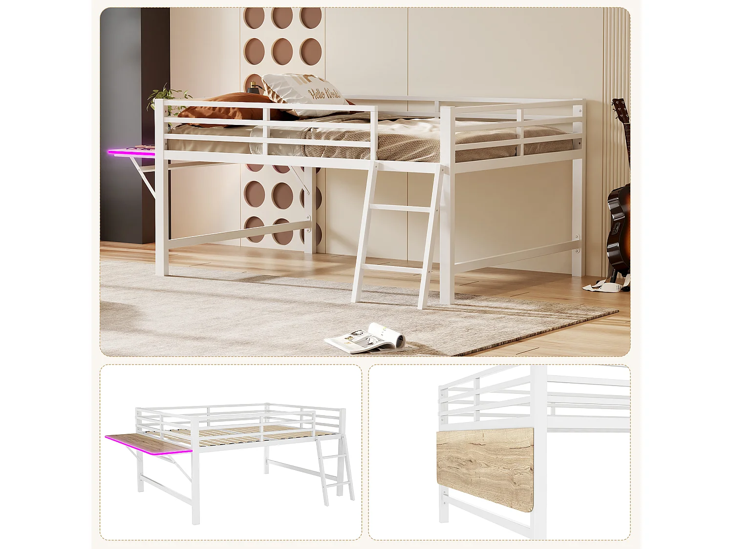 Lit mezzanine en métal 140x200 cm, avec barrière, échelle, bureau et bande LED télécommandée, blanc