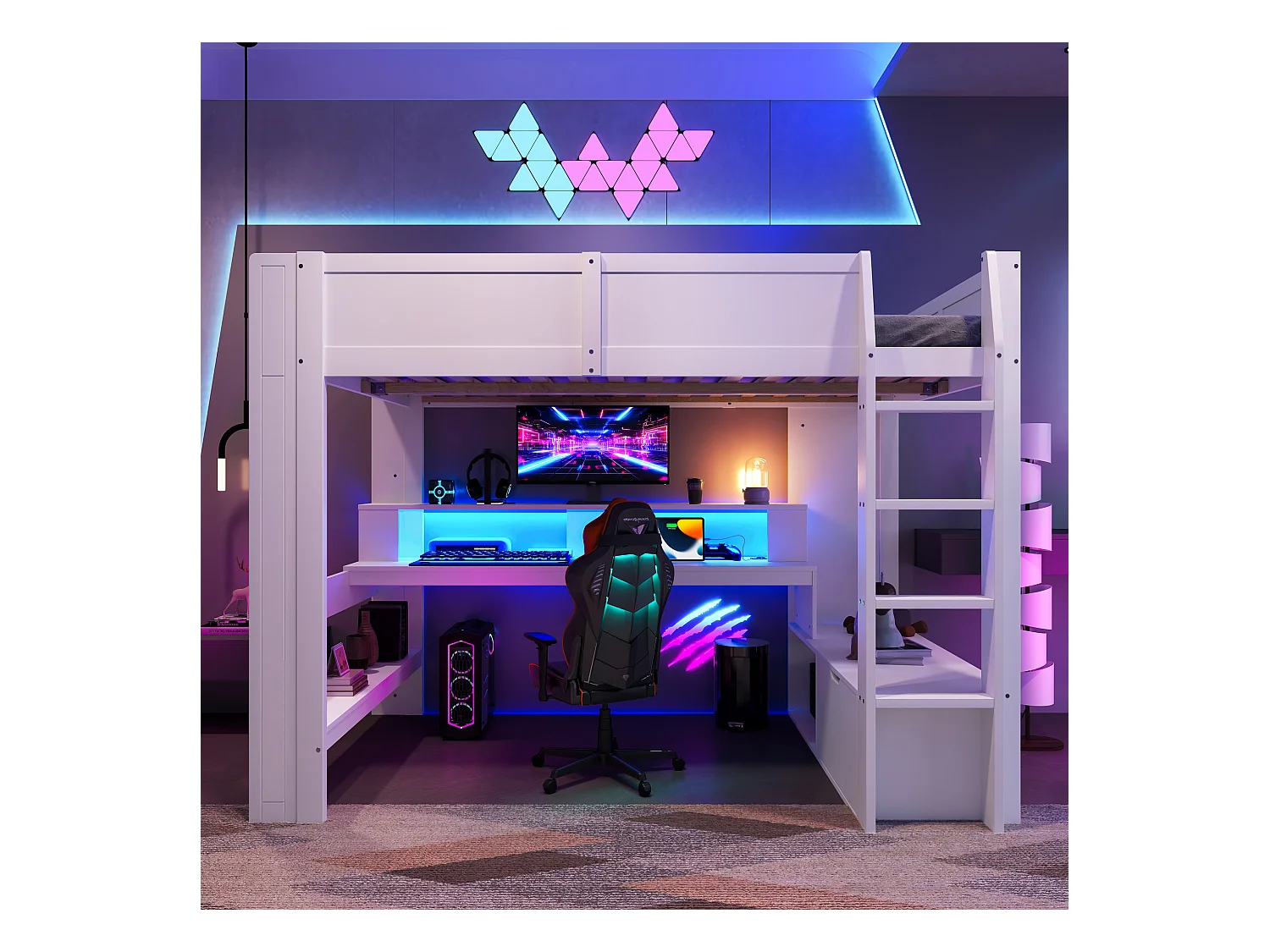 Lit mezzanine 140x200 cm, lit gaming avec bureau, LED, tiroir, étagères, sans matelas, Blanc