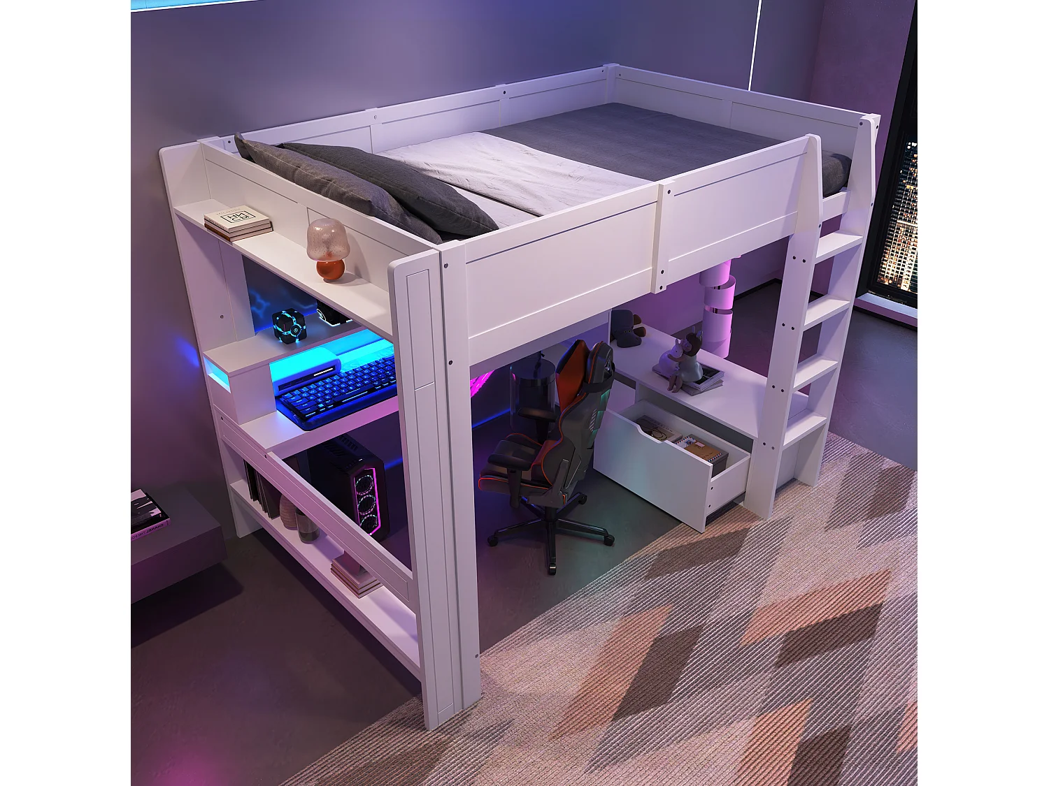 Lit mezzanine 140x200 cm, lit gaming avec bureau, LED, tiroir, étagères, sans matelas, Blanc