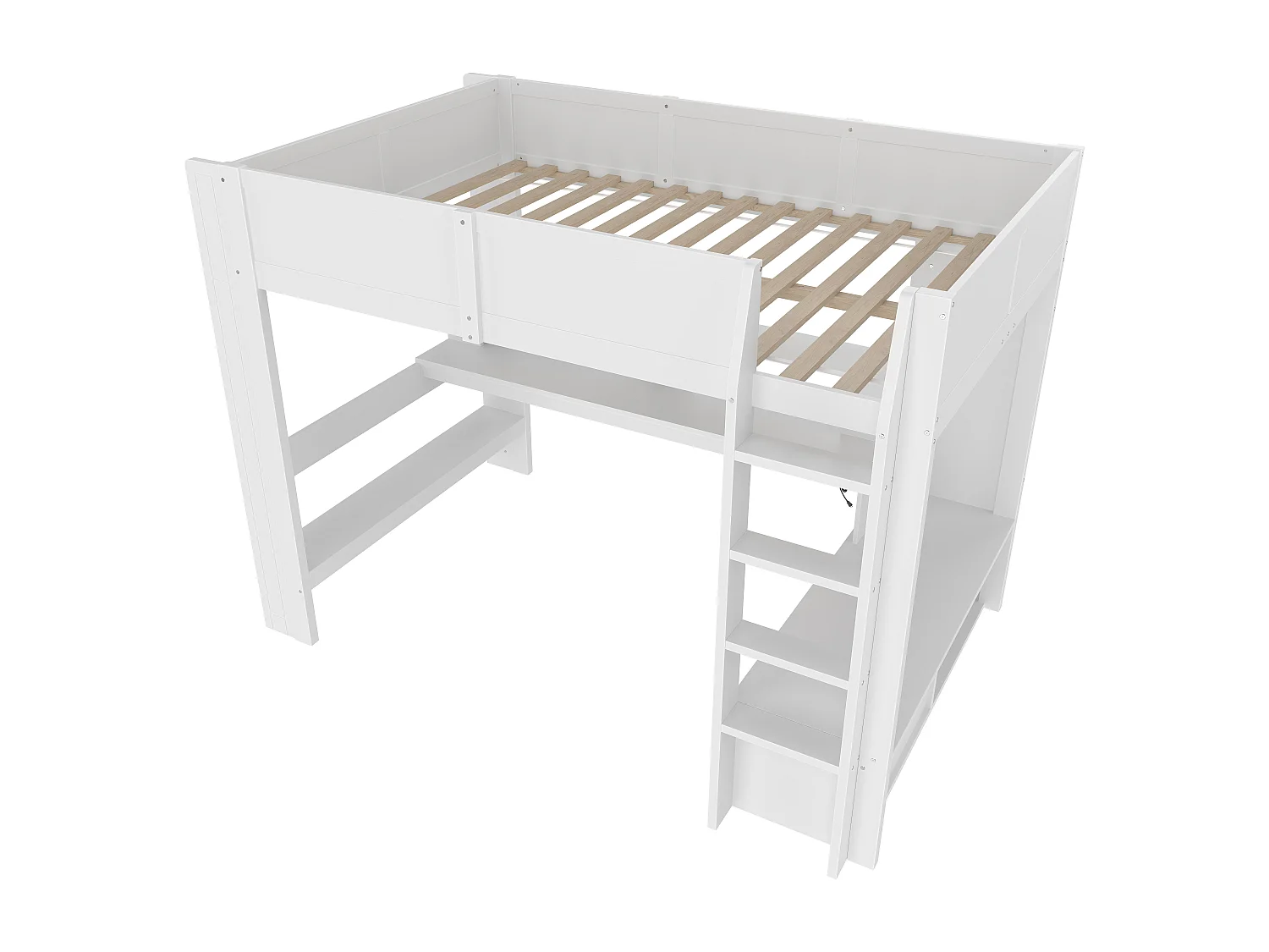 Lit mezzanine 140x200 cm, lit gaming avec bureau, LED, tiroir, étagères, sans matelas, Blanc