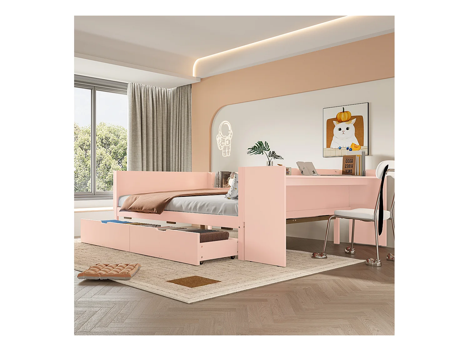 Lit en bois 140x200 cm avec bureau, 2 tiroirs et rangements, double couchage, pin et panneaux, rose