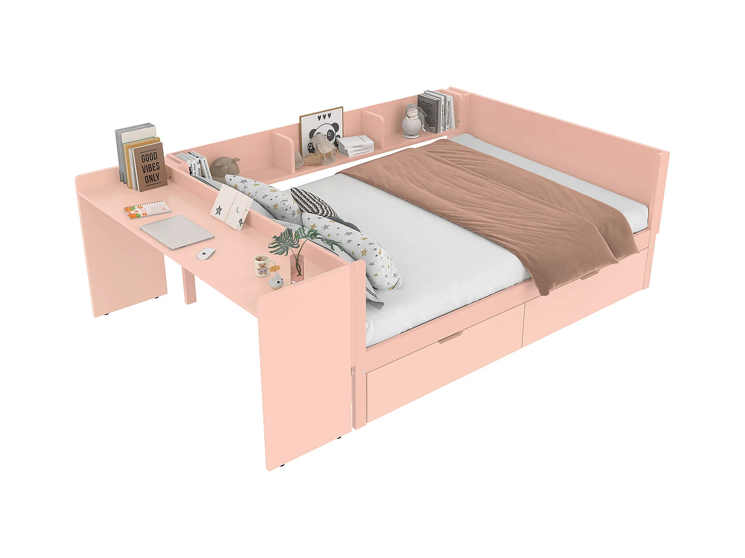 Lit en bois 140x200 cm avec bureau, 2 tiroirs et rangements, double couchage, pin et panneaux, rose