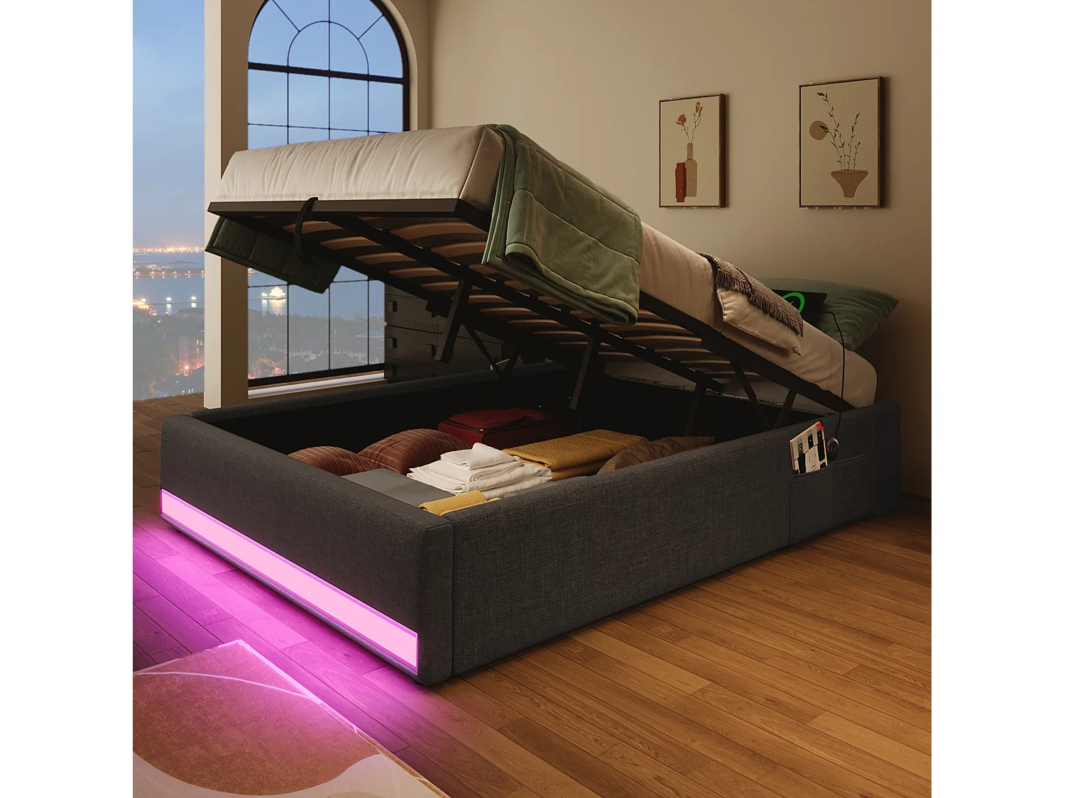 Lit rembourré 90x200 cm avec LED télécommandée, USB + Type-C, petites poches de rangement, sans tête de lit, fonction de stockage hydraulique, sans matelas, Gris