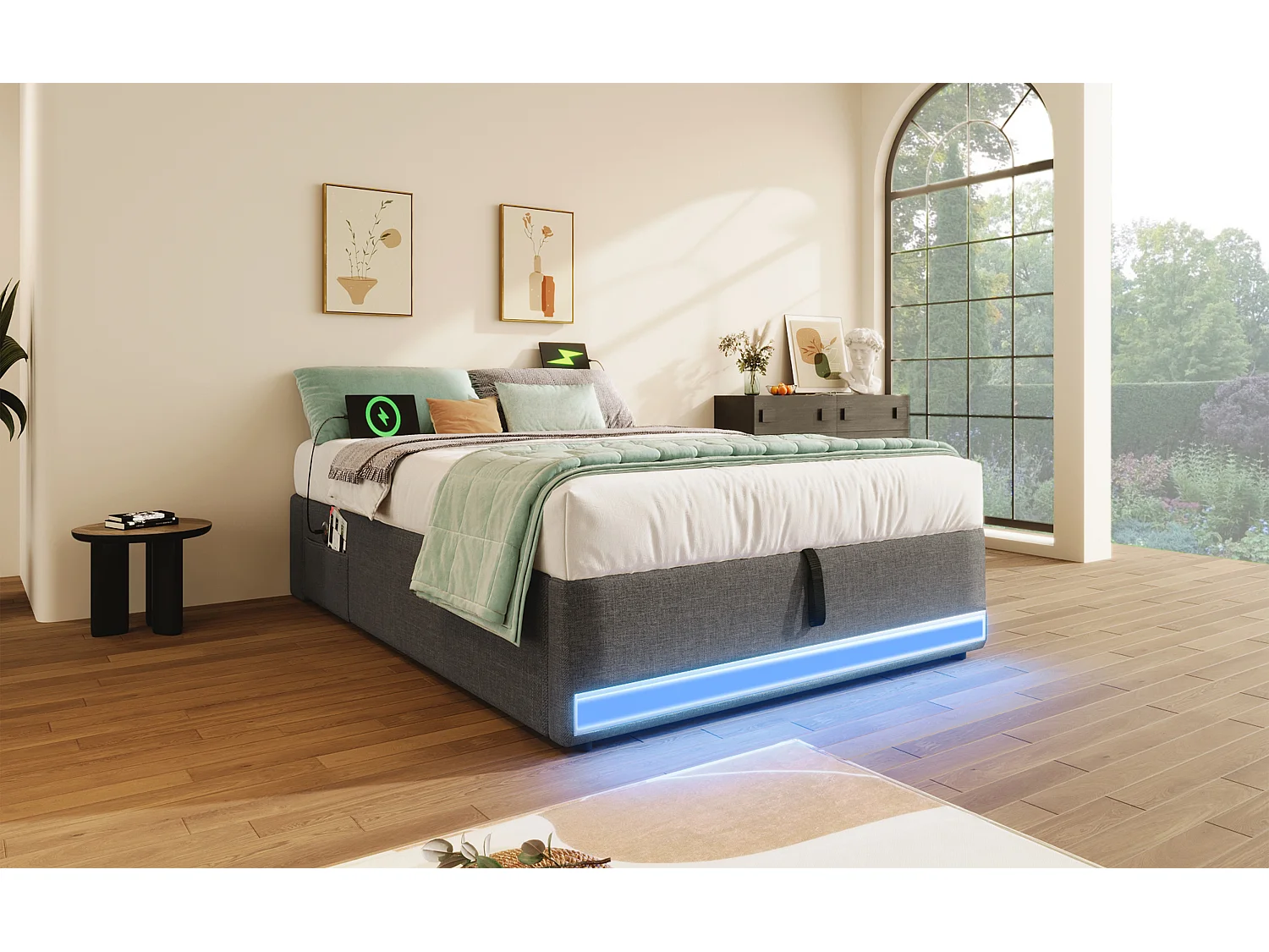 Lit rembourré 90x200 cm avec LED télécommandée, USB + Type-C, petites poches de rangement, sans tête de lit, fonction de stockage hydraulique, sans matelas, Gris