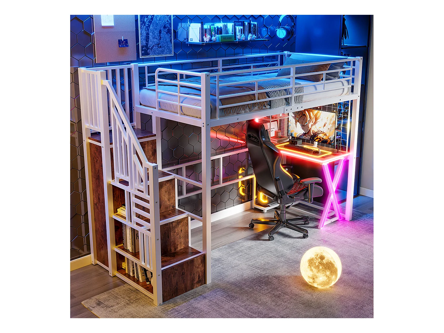 Lit mezzanine 90x200 cm en métal blanc, avec éclairage LED, bureau, armoire, étagères et échelle intégrée, sans matelas