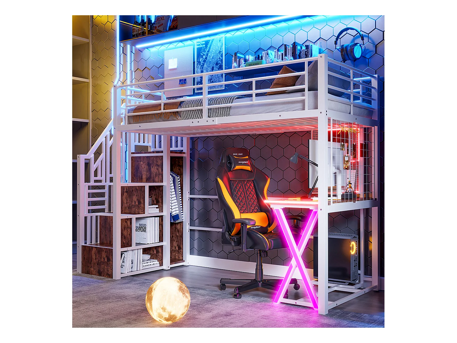 Lit mezzanine 90x200 cm en métal blanc, avec éclairage LED, bureau, armoire, étagères et échelle intégrée, sans matelas