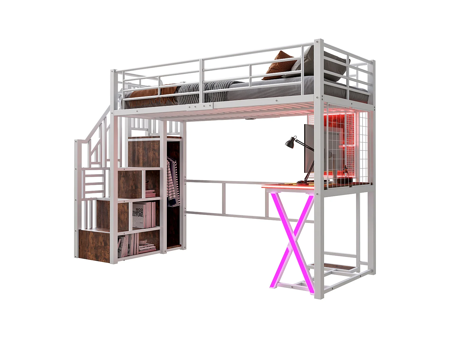 Lit mezzanine 90x200 cm en métal blanc, avec éclairage LED, bureau, armoire, étagères et échelle intégrée, sans matelas