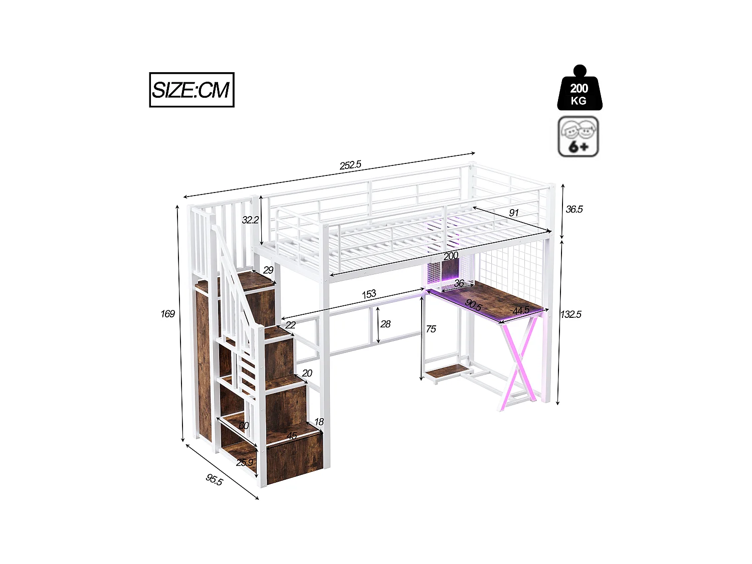 Lit mezzanine 90x200 cm en métal blanc, avec éclairage LED, bureau, armoire, étagères et échelle intégrée, sans matelas