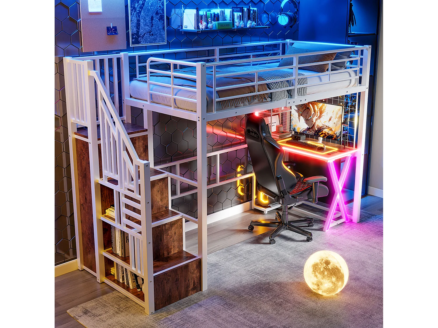Lit mezzanine 90x200 cm en métal blanc, avec éclairage LED, bureau, armoire, étagères et échelle intégrée, sans matelas