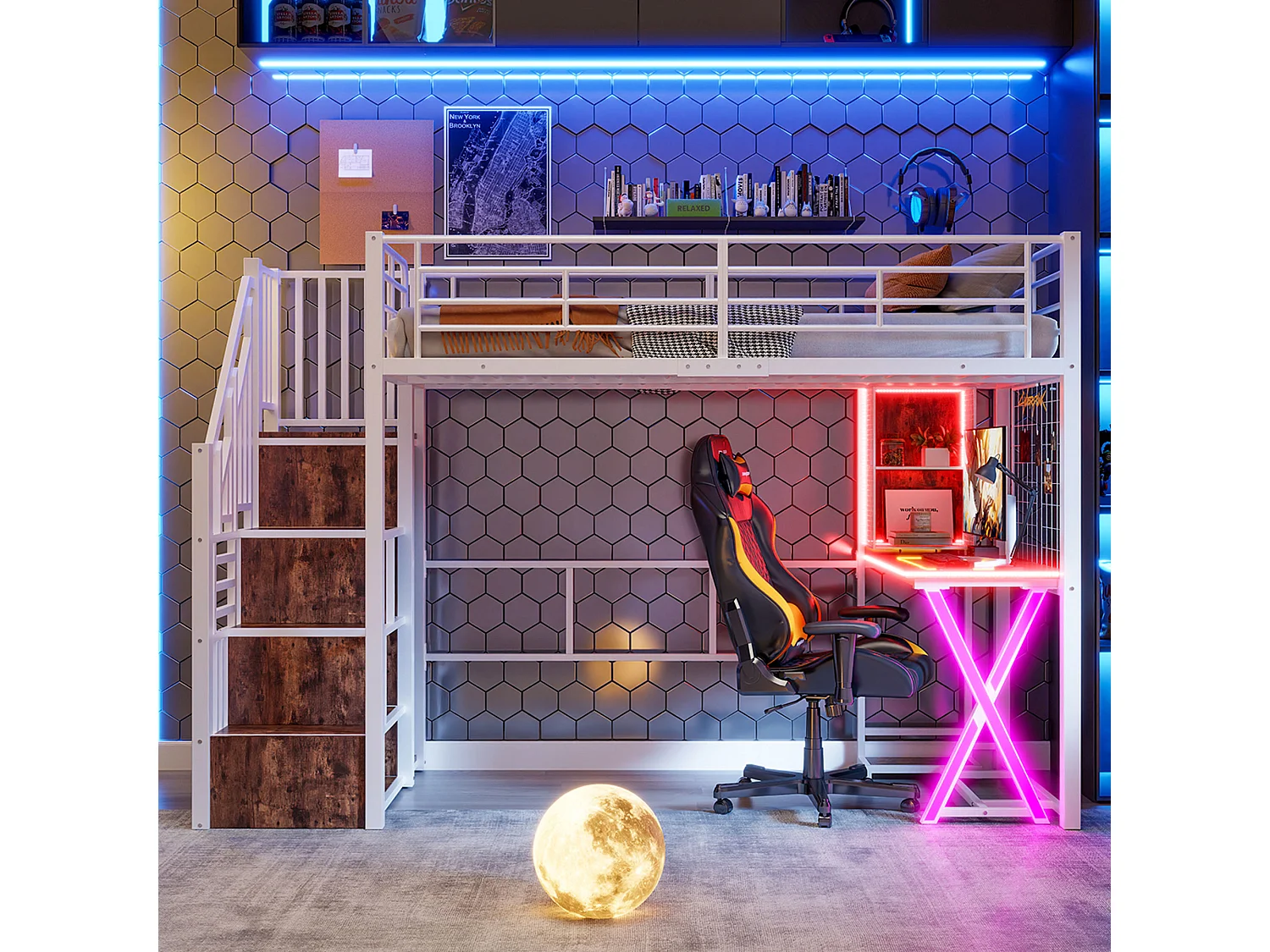 Lit mezzanine 90x200 cm en métal blanc, avec éclairage LED, bureau, armoire, étagères et échelle intégrée, sans matelas