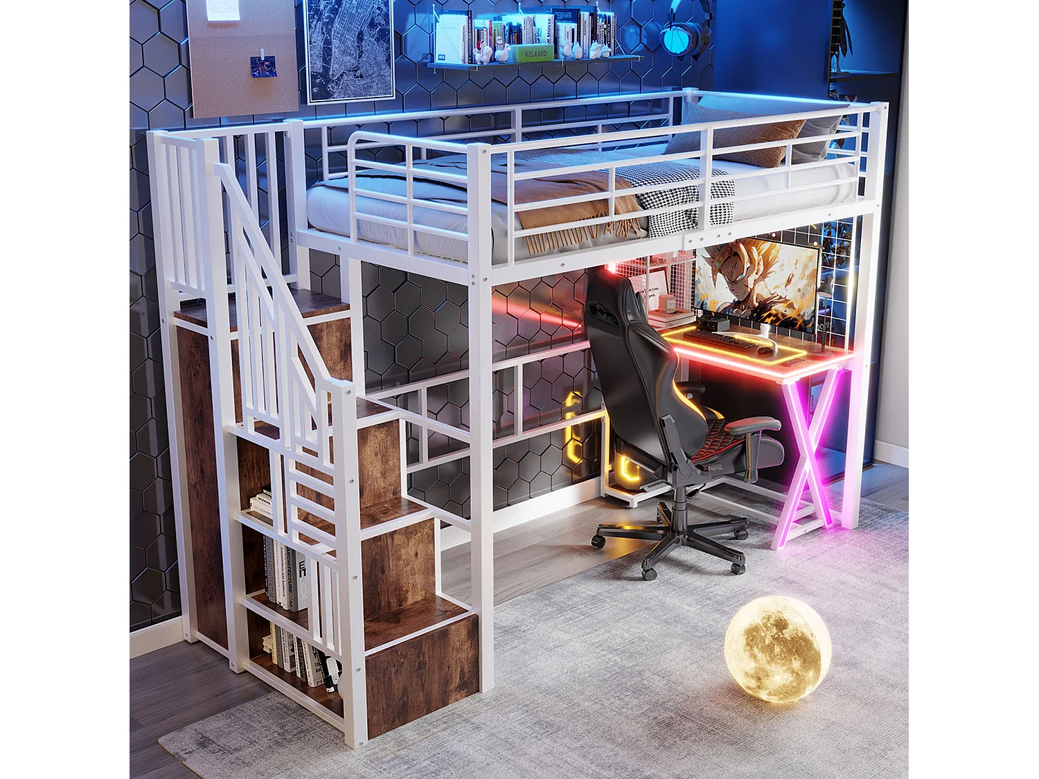 Lit mezzanine 90x200 cm en métal blanc, avec éclairage LED, bureau, armoire, étagères et échelle intégrée, sans matelas