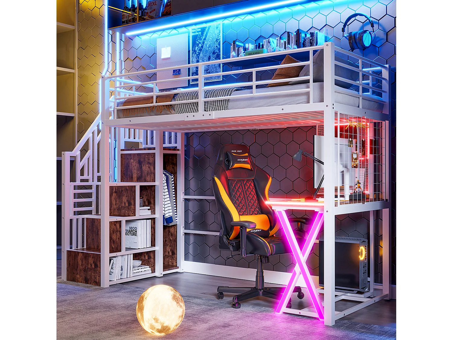 Lit mezzanine 90x200 cm en métal blanc, avec éclairage LED, bureau, armoire, étagères et échelle intégrée, sans matelas