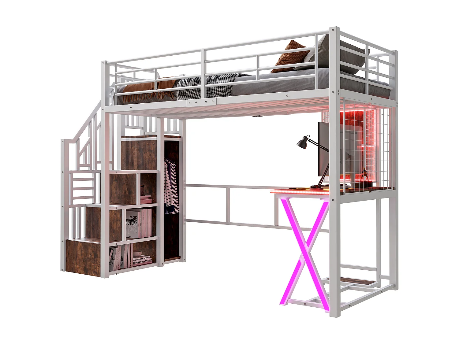 Lit mezzanine 90x200 cm en métal blanc, avec éclairage LED, bureau, armoire, étagères et échelle intégrée, sans matelas
