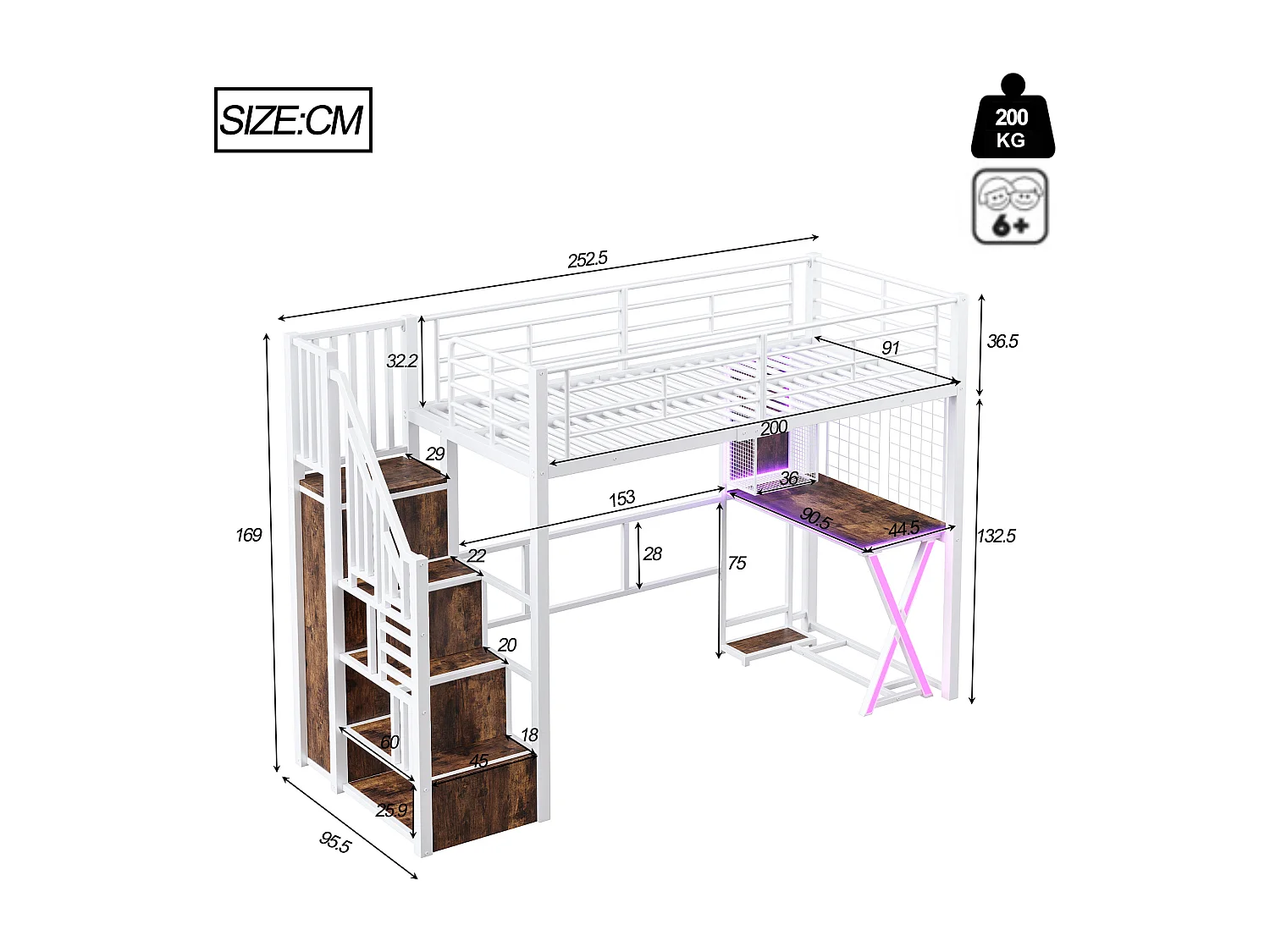 Lit mezzanine 90x200 cm en métal blanc, avec éclairage LED, bureau, armoire, étagères et échelle intégrée, sans matelas