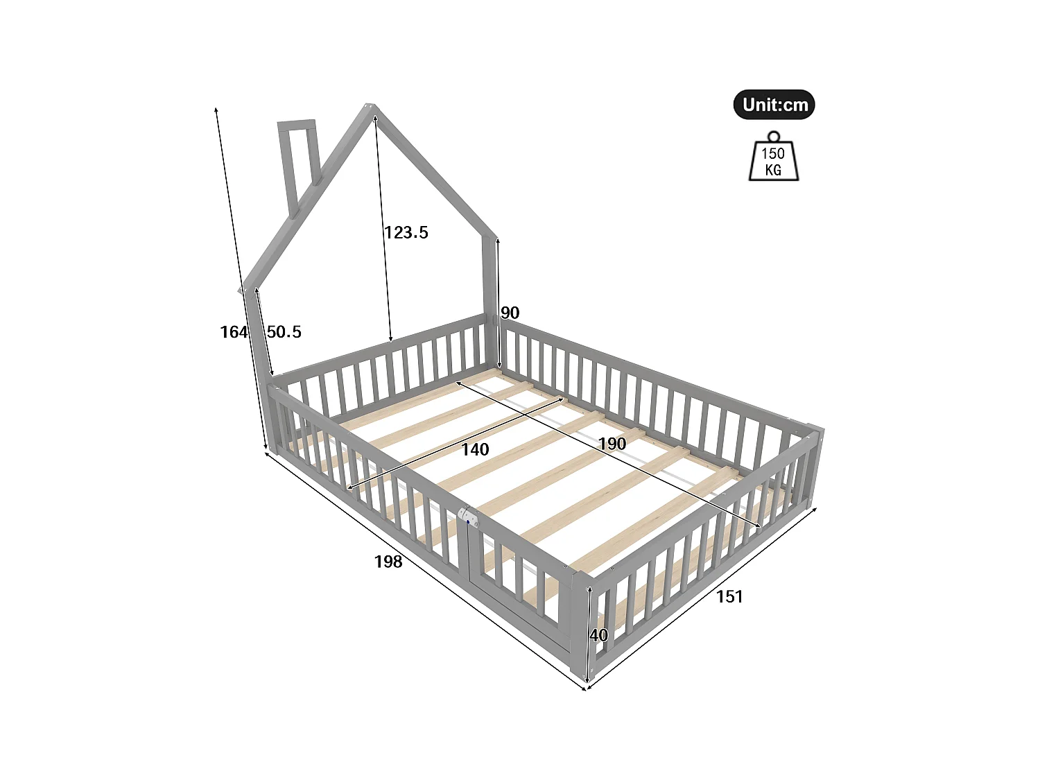 Lit enfant 140x190 cm avec forme cheminée, sommier (sans matelas), bois de pin, style minimaliste, Gris