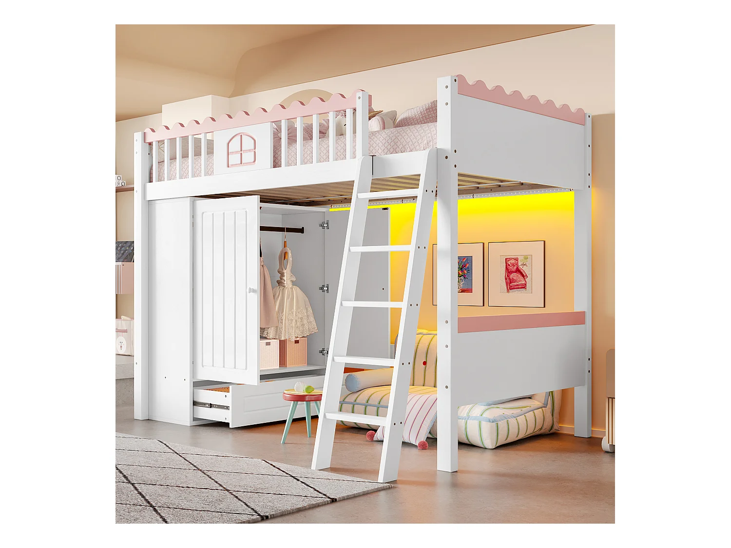 Lit mezzanine enfant 90x200 cm en pin, avec LED, armoire et tiroir de rangement, certifié EN747, blanc