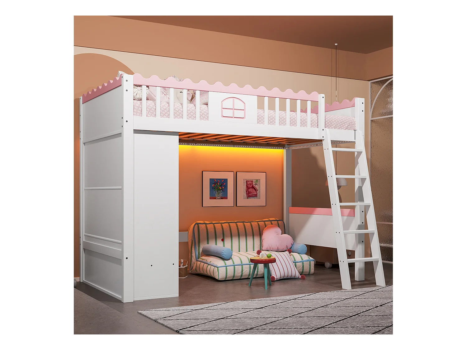 Lit mezzanine enfant 90x200 cm en pin, avec LED, armoire et tiroir de rangement, certifié EN747, blanc
