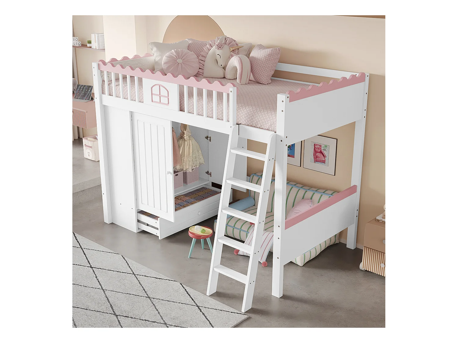 Lit mezzanine enfant 90x200 cm en pin, avec LED, armoire et tiroir de rangement, certifié EN747, blanc