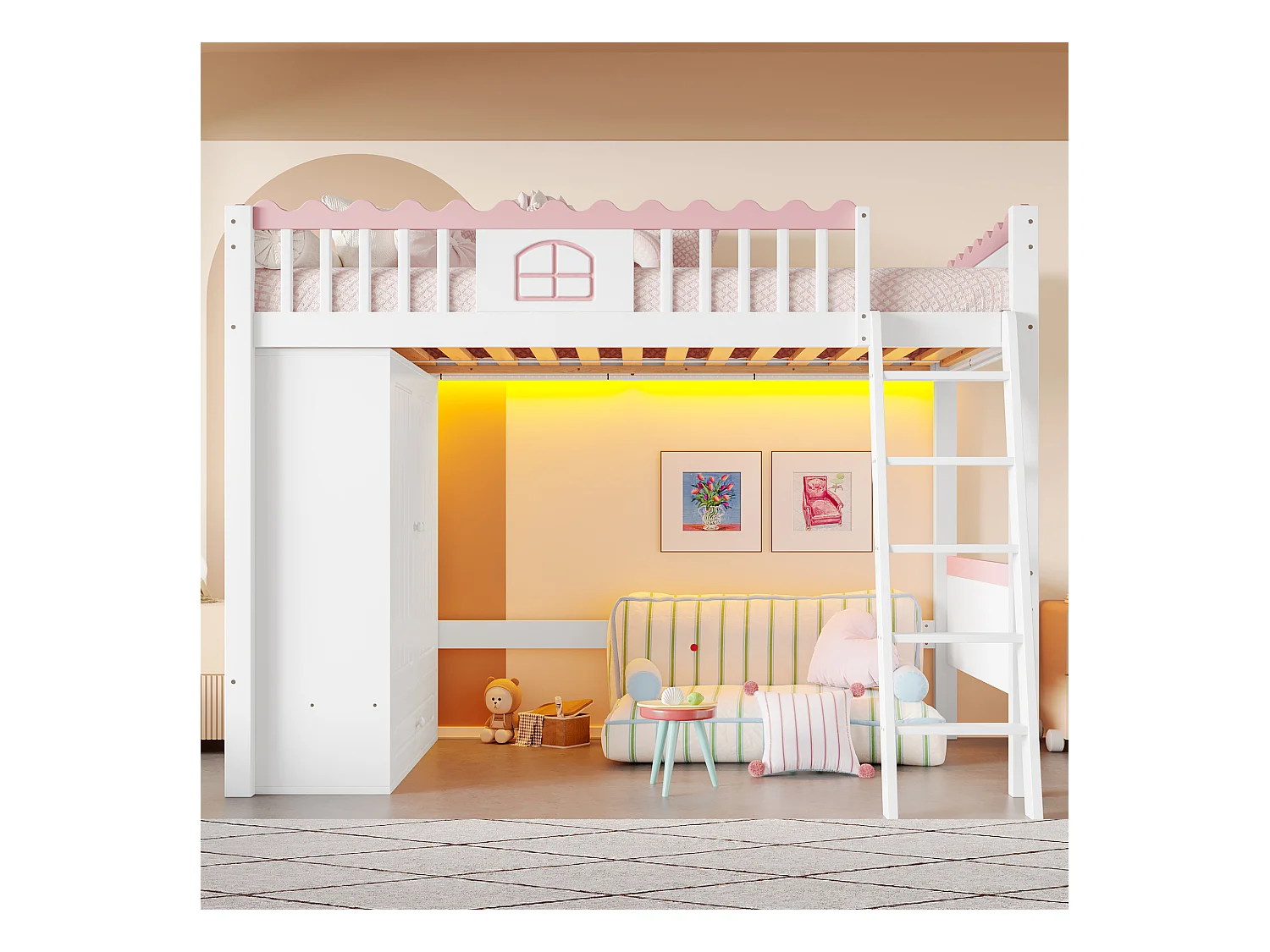 Lit mezzanine enfant 90x200 cm en pin, avec LED, armoire et tiroir de rangement, certifié EN747, blanc