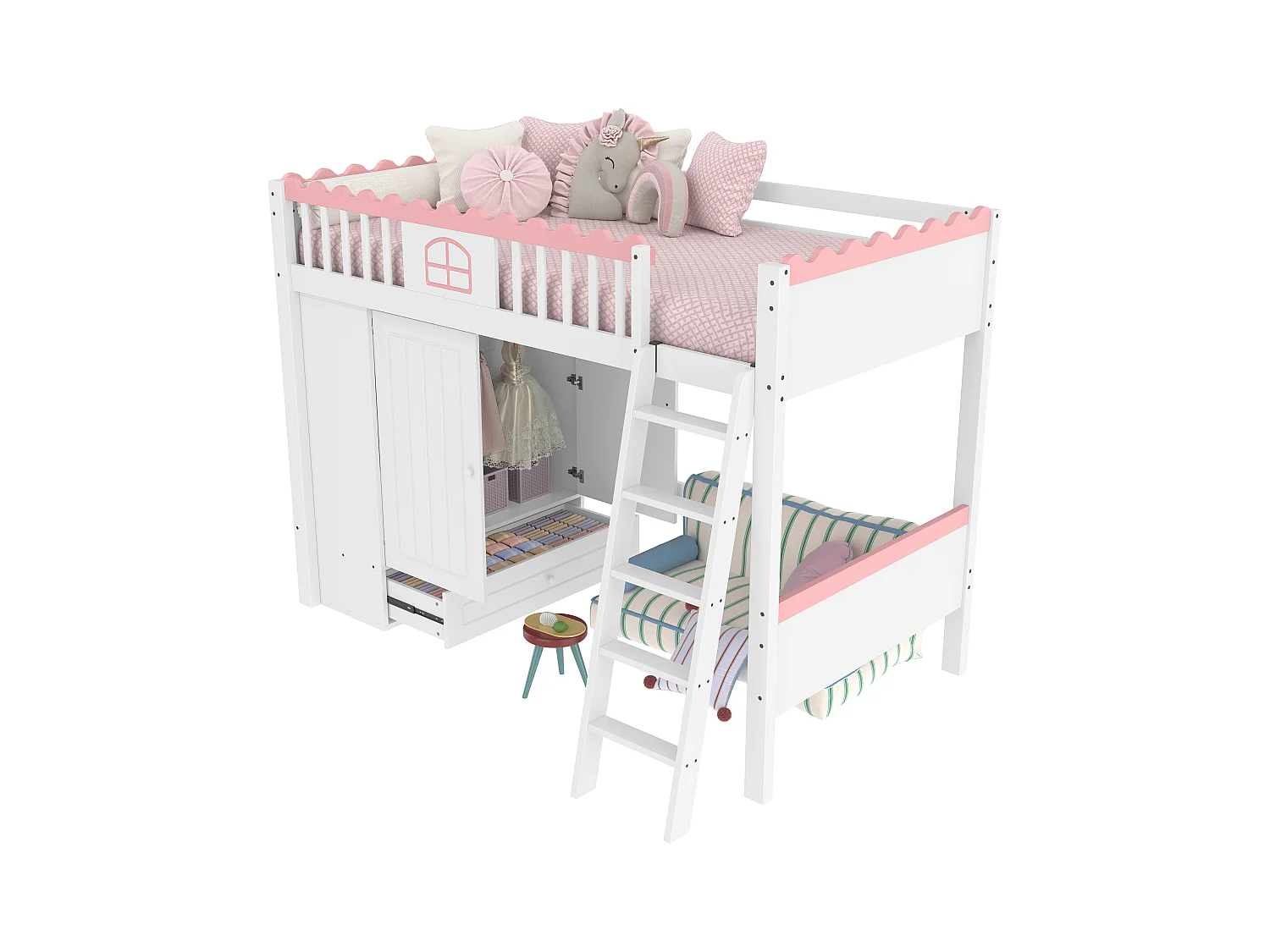 Lit mezzanine enfant 90x200 cm en pin, avec LED, armoire et tiroir de rangement, certifié EN747, blanc