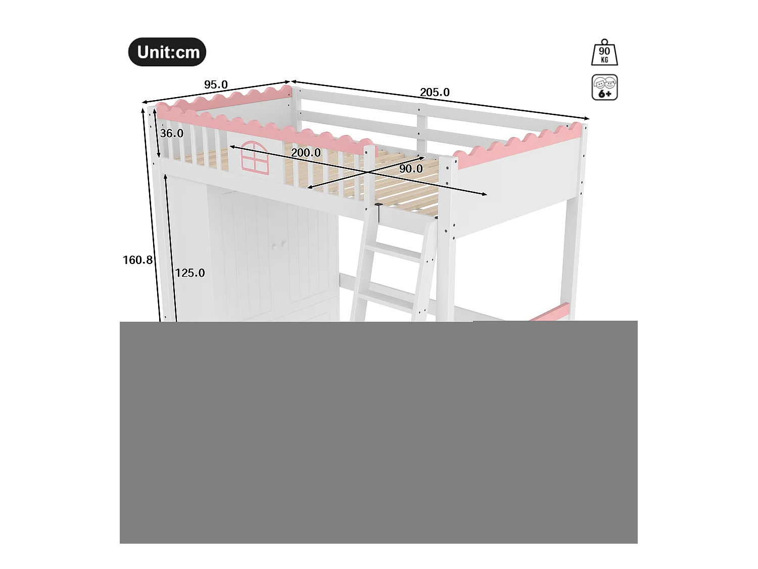 Lit mezzanine enfant 90x200 cm en pin, avec LED, armoire et tiroir de rangement, certifié EN747, blanc