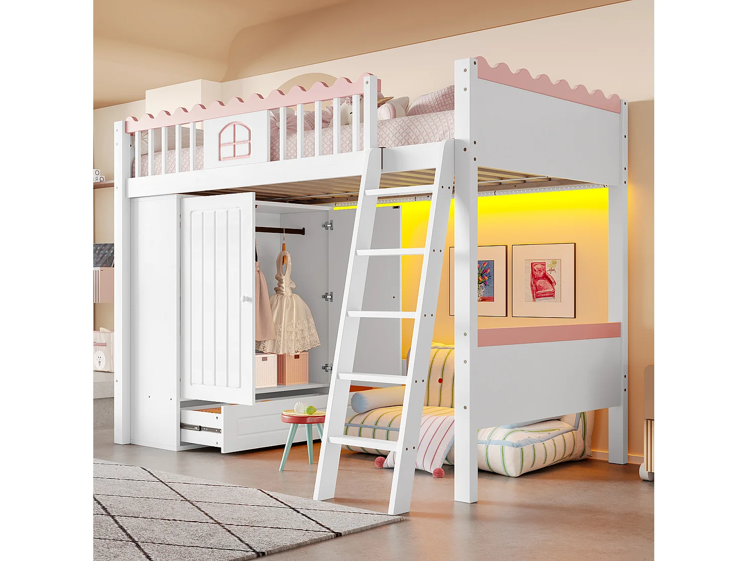 Lit mezzanine enfant 90x200 cm en pin, avec LED, armoire et tiroir de rangement, certifié EN747, blanc