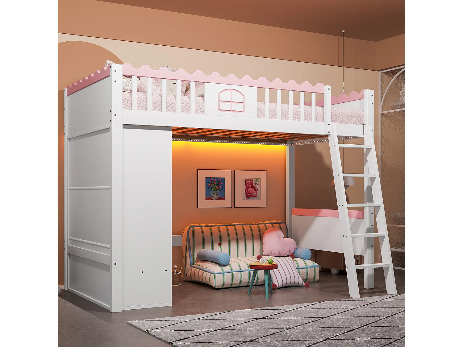 Lit mezzanine enfant 90x200 cm en pin, avec LED, armoire et tiroir de rangement, certifié EN747, blanc