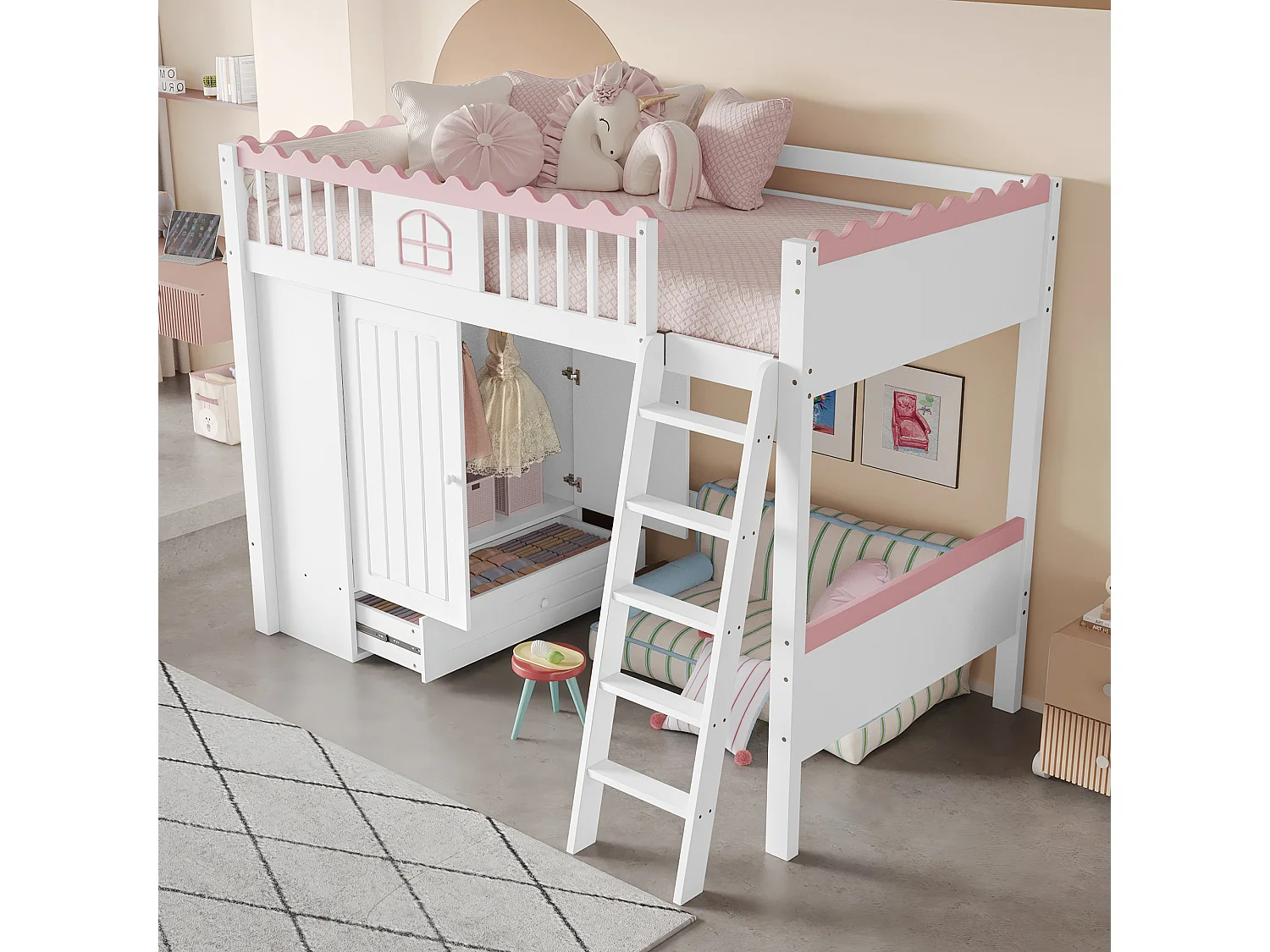 Lit mezzanine enfant 90x200 cm en pin, avec LED, armoire et tiroir de rangement, certifié EN747, blanc