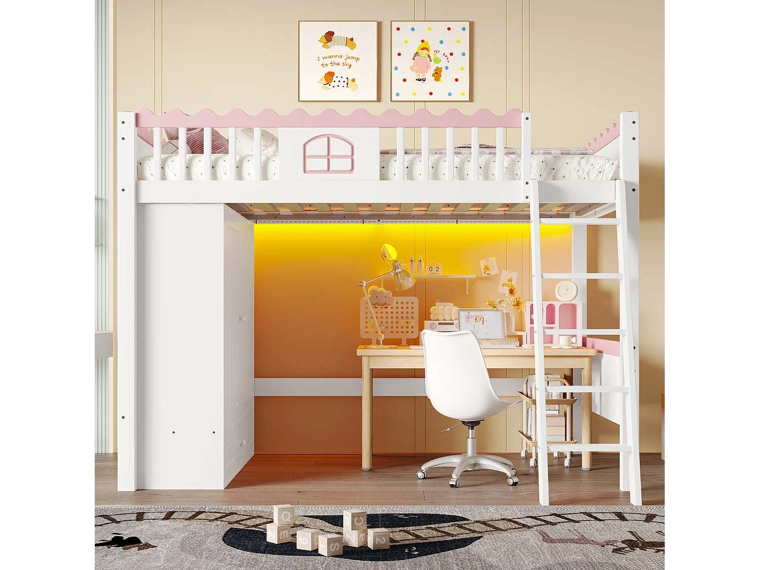 Lit mezzanine enfant 90x200 cm en pin, avec LED, armoire et tiroir de rangement, certifié EN747, blanc