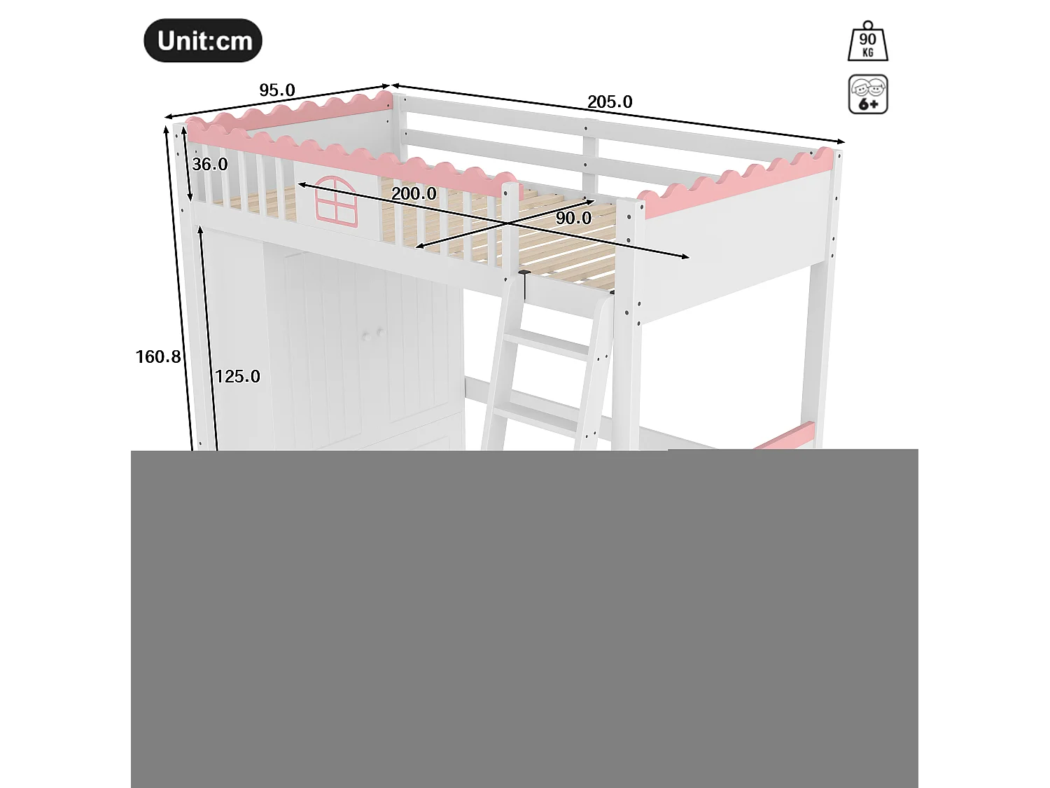 Lit mezzanine enfant 90x200 cm en pin, avec LED, armoire et tiroir de rangement, certifié EN747, blanc