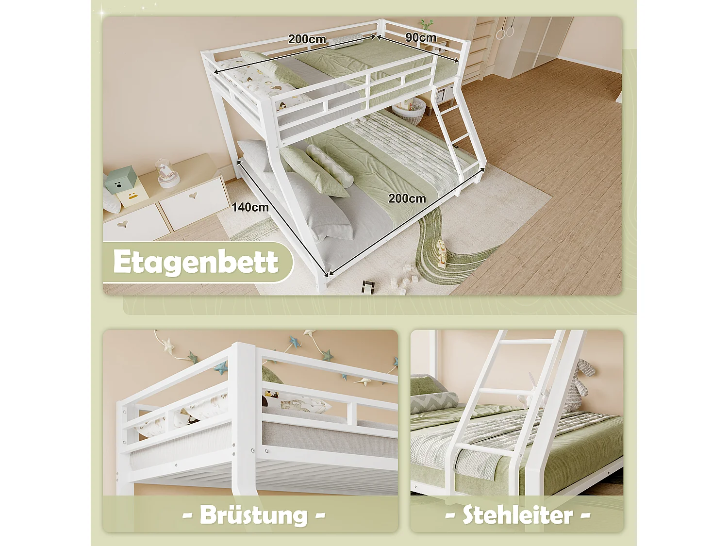 Lit superposé 90x200 et 140x200 cm, barreau et échelle, certifié EN747, sans matelas, Métal, Blanc
