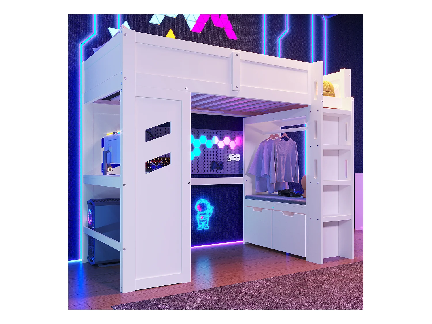 Lit mezzanine 90x200 cm avec bureau, LED, 1 USB, 1 Type-C, échelle, tiroir, étagère à linge, sans matelas, Blanc