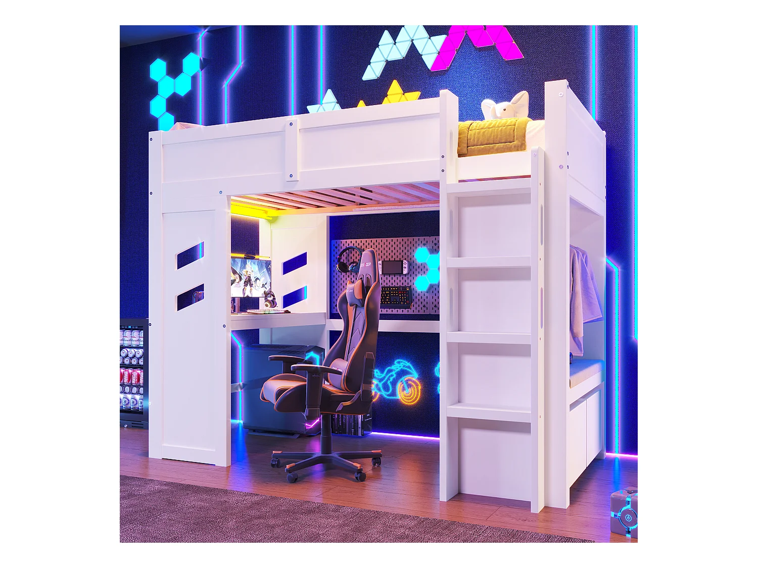 Lit mezzanine 90x200 cm avec bureau, LED, 1 USB, 1 Type-C, échelle, tiroir, étagère à linge, sans matelas, Blanc