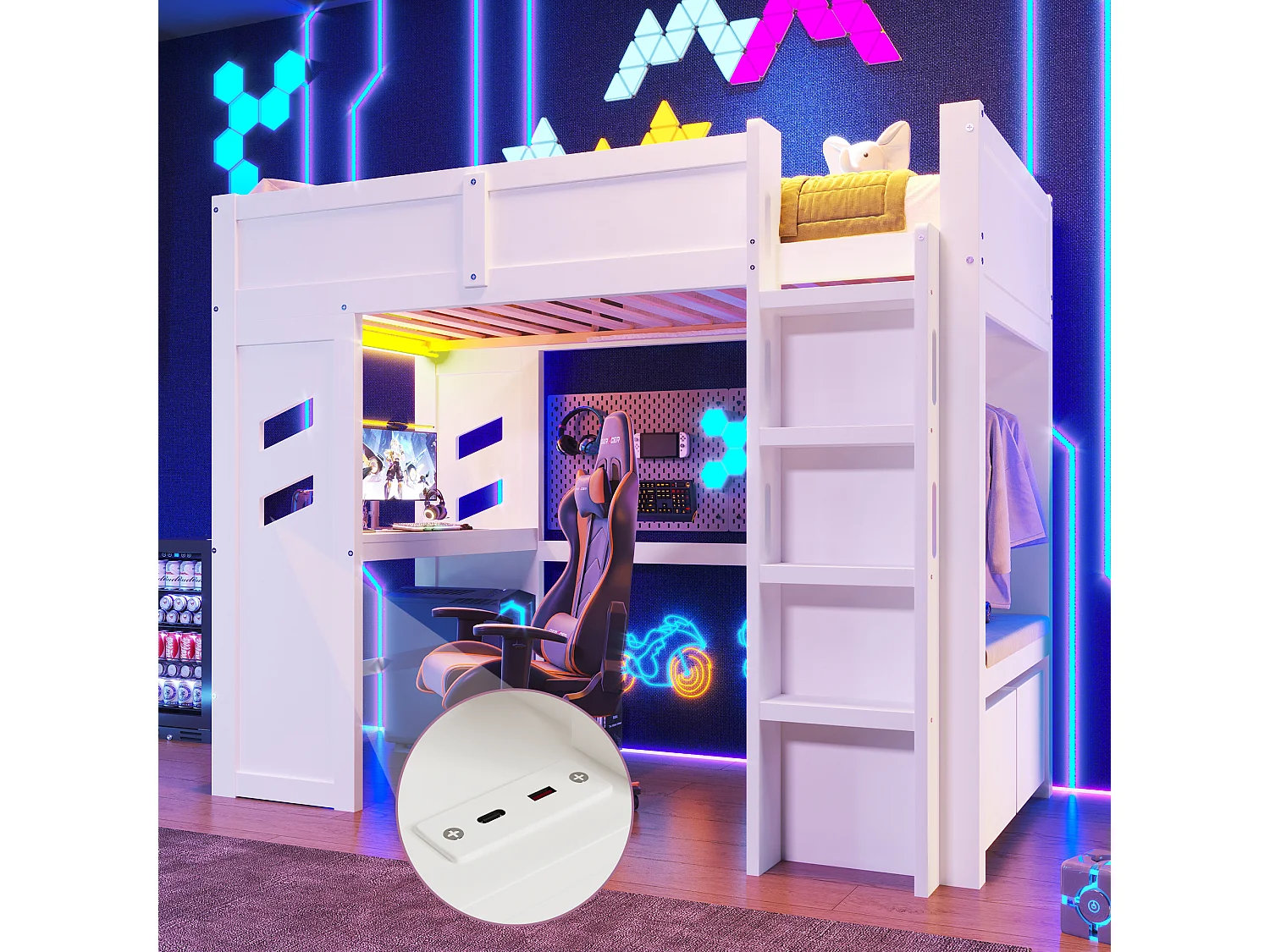 Lit mezzanine 90x200 cm avec bureau, LED, 1 USB, 1 Type-C, échelle, tiroir, étagère à linge, sans matelas, Blanc