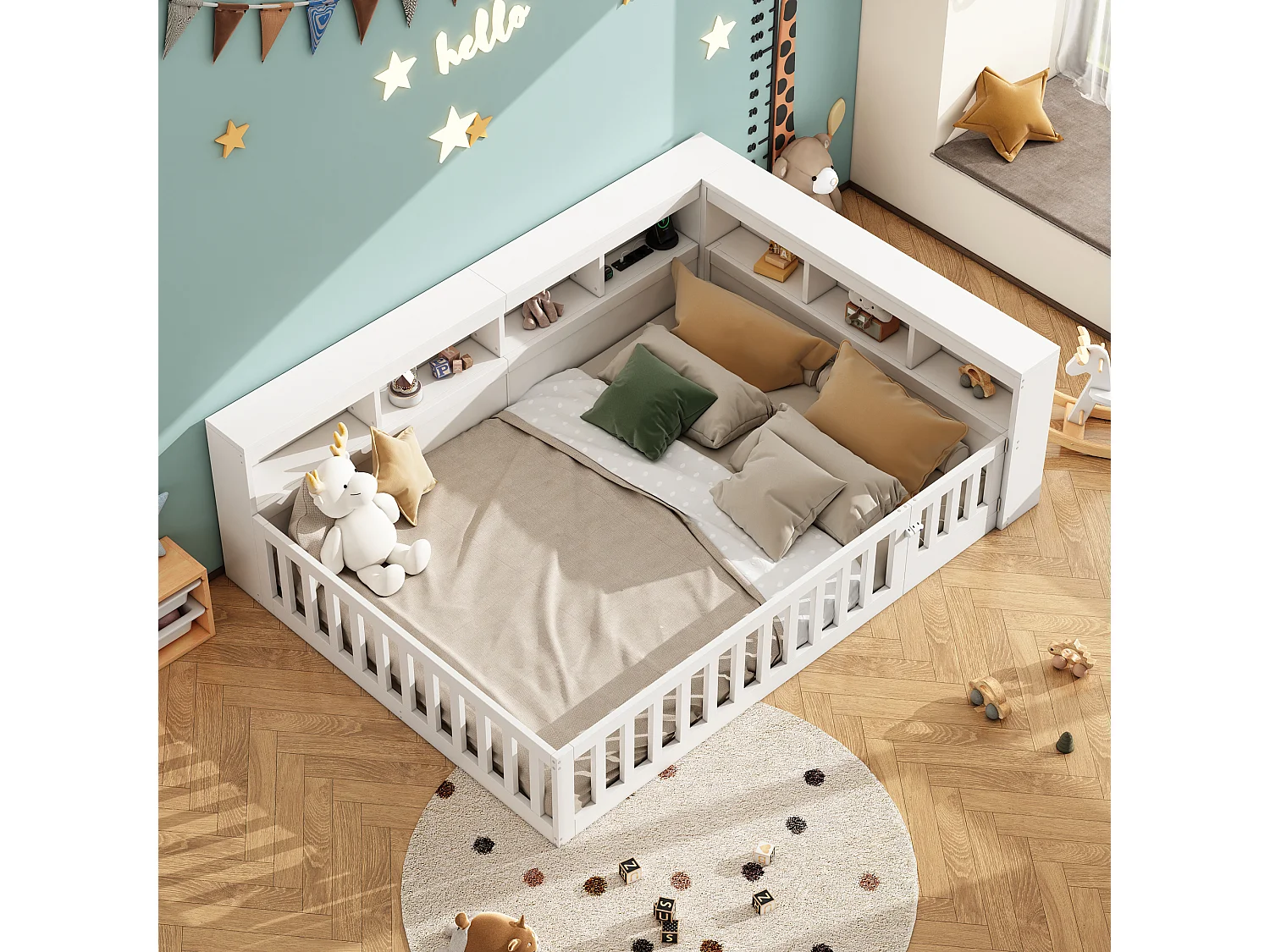 Daybed 140x190 cm, canapé-lit avec rangement latéral, sommier (sans matelas), rambarde, panneau de particules, prise + USB, Blanc