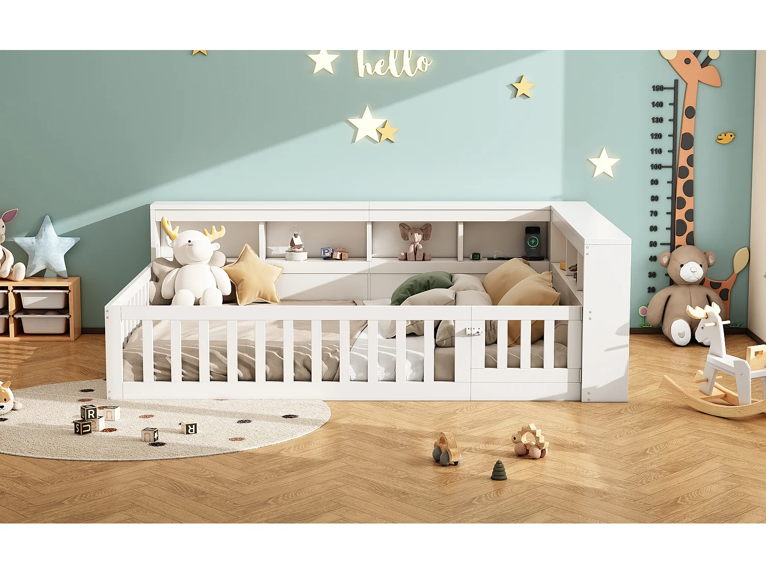 Daybed 140x190 cm, canapé-lit avec rangement latéral, sommier (sans matelas), rambarde, panneau de particules, prise + USB, Blanc