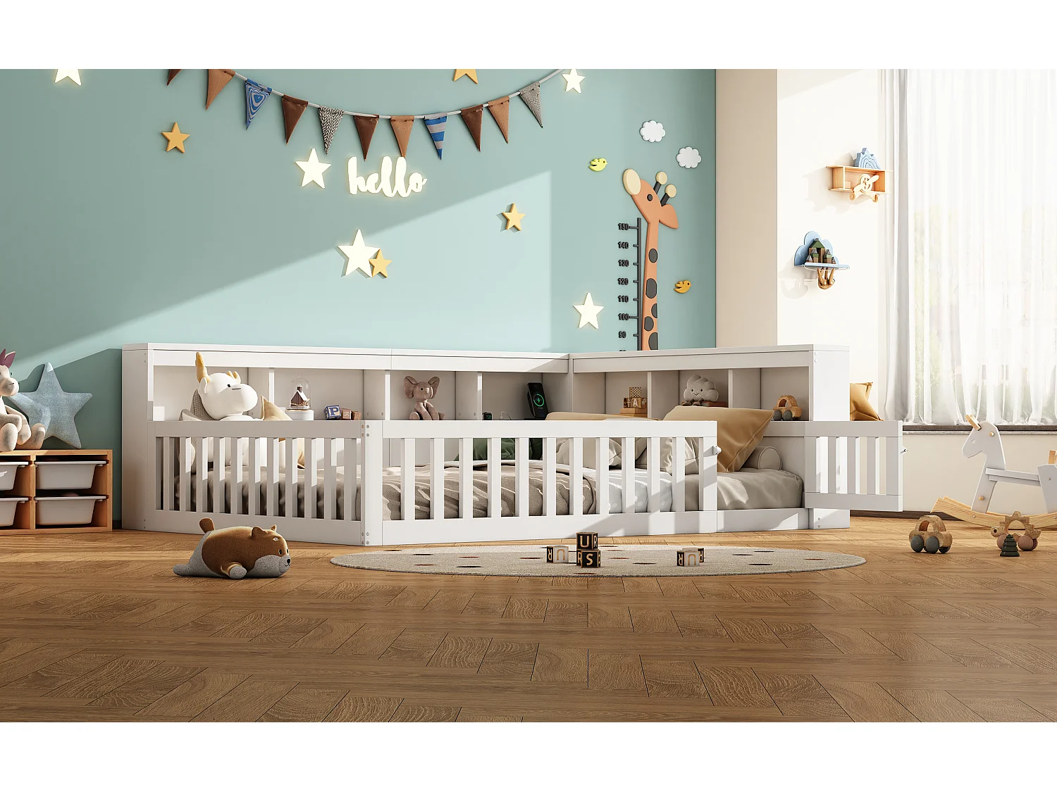 Daybed 140x190 cm, canapé-lit avec rangement latéral, sommier (sans matelas), rambarde, panneau de particules, prise + USB, Blanc