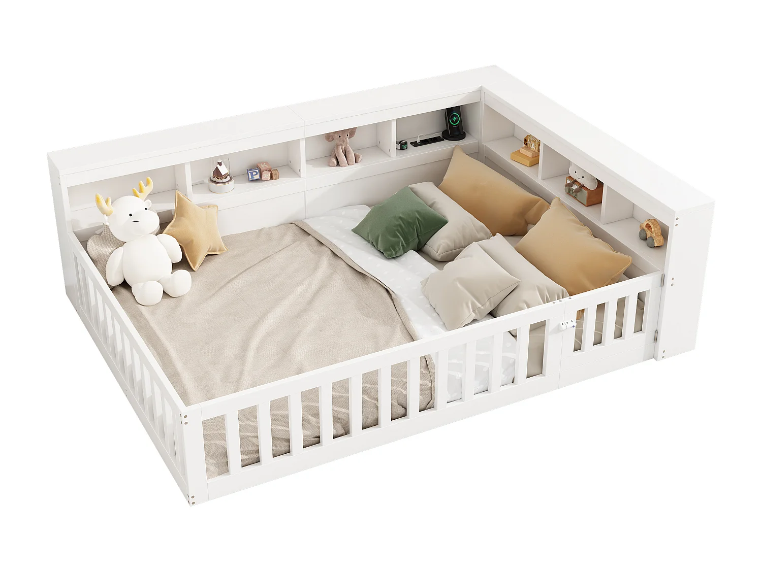 Daybed 140x190 cm, canapé-lit avec rangement latéral, sommier (sans matelas), rambarde, panneau de particules, prise + USB, Blanc