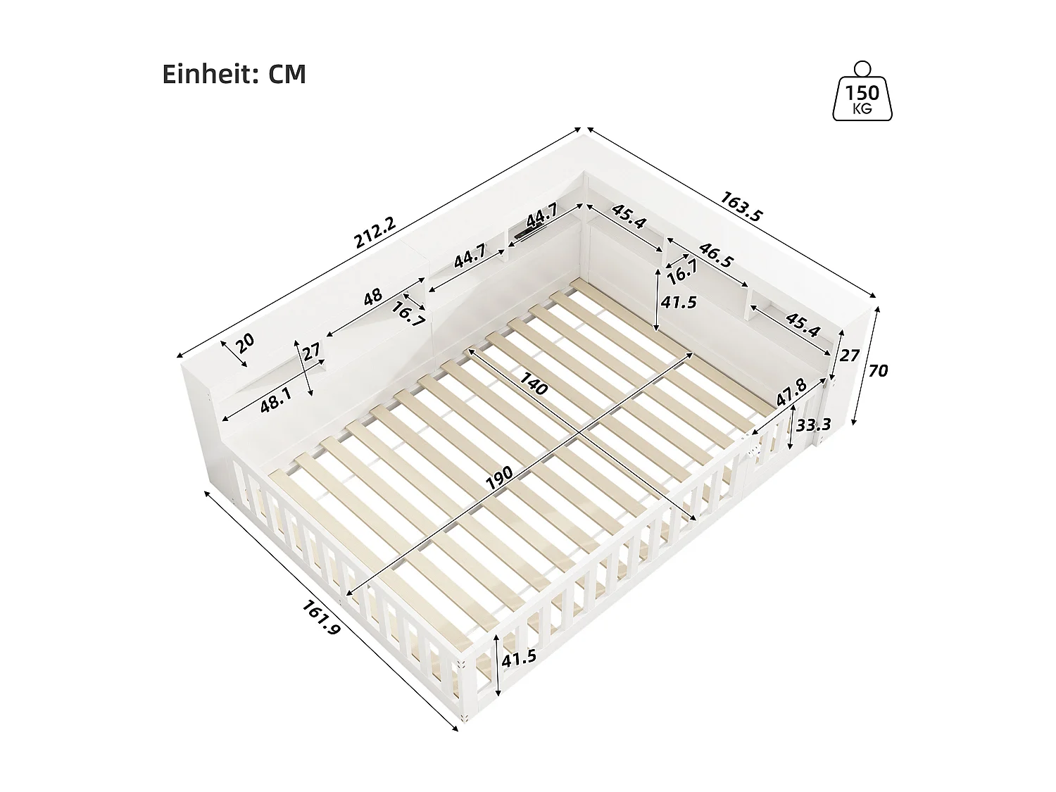 Daybed 140x190 cm, canapé-lit avec rangement latéral, sommier (sans matelas), rambarde, panneau de particules, prise + USB, Blanc