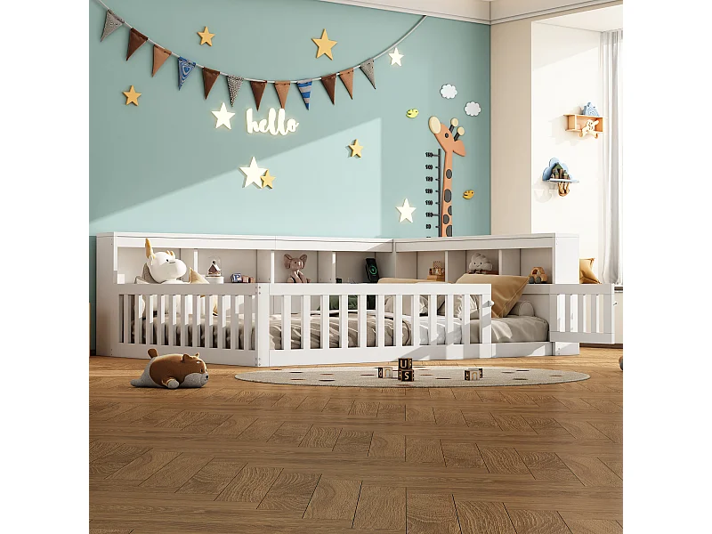 Daybed 140x190 cm, canapé-lit avec rangement latéral, sommier (sans matelas), rambarde, panneau de particules, prise + USB, Blanc